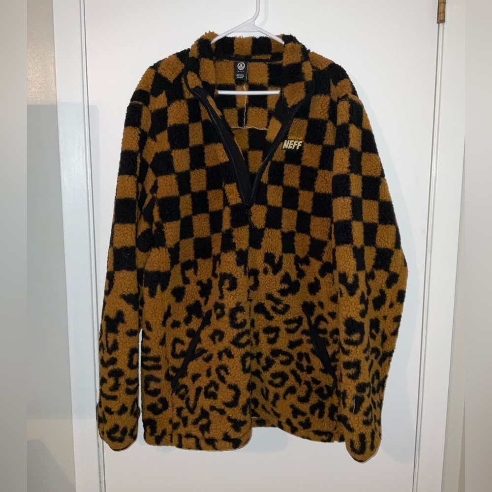 NEFF sherpa checkered/ leopard print half zip pullover